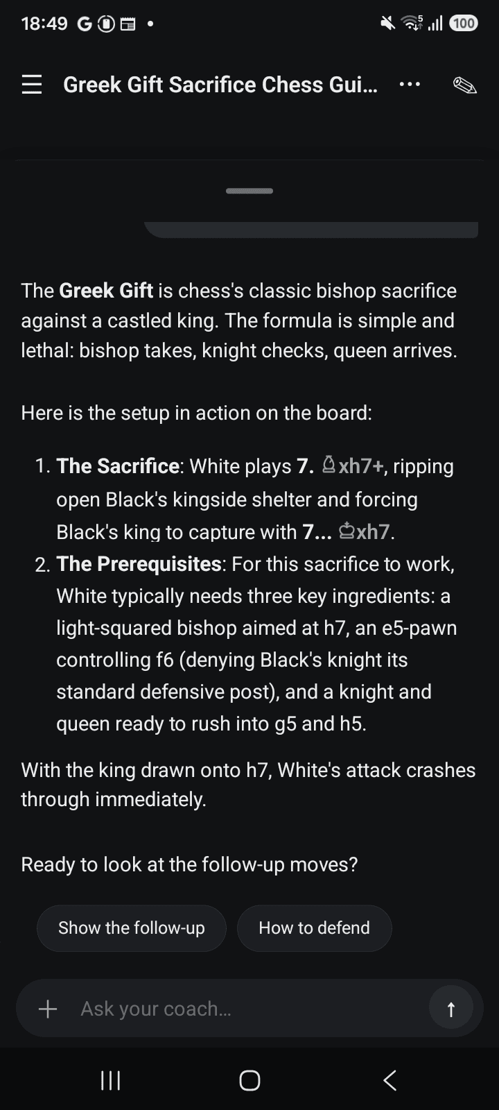 The tutor’s lesson on the Greek Gift: the classic bishop sacrifice against a castled king. Bishop takes, knight checks, queen arrives, with the sacrifice and its prerequisites explained step by step