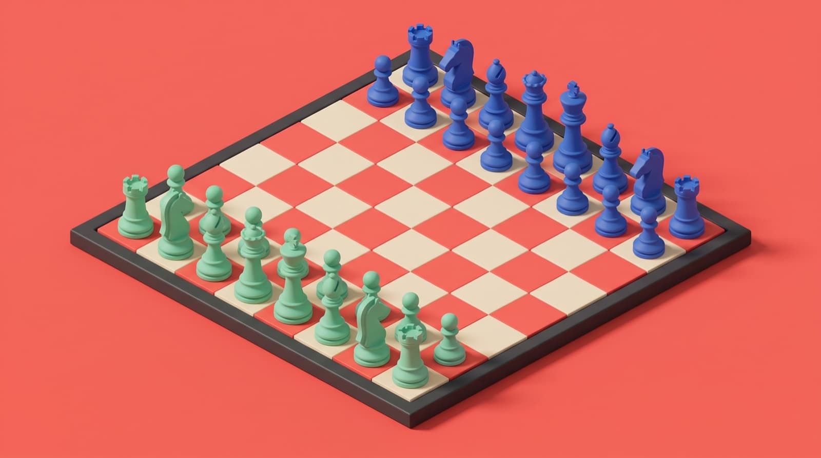 Isometric chessboard in coral and cream with a full set in the starting position, mint against cobalt, on a coral background