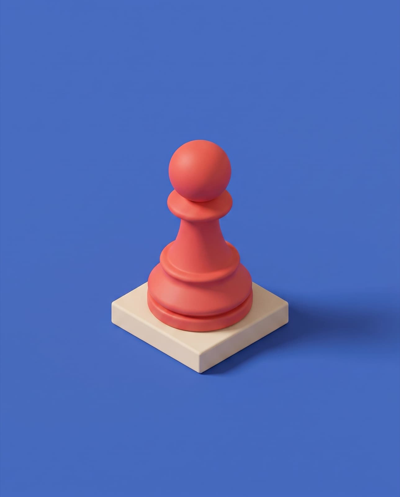 A matte coral pawn on a cream plinth, cobalt background