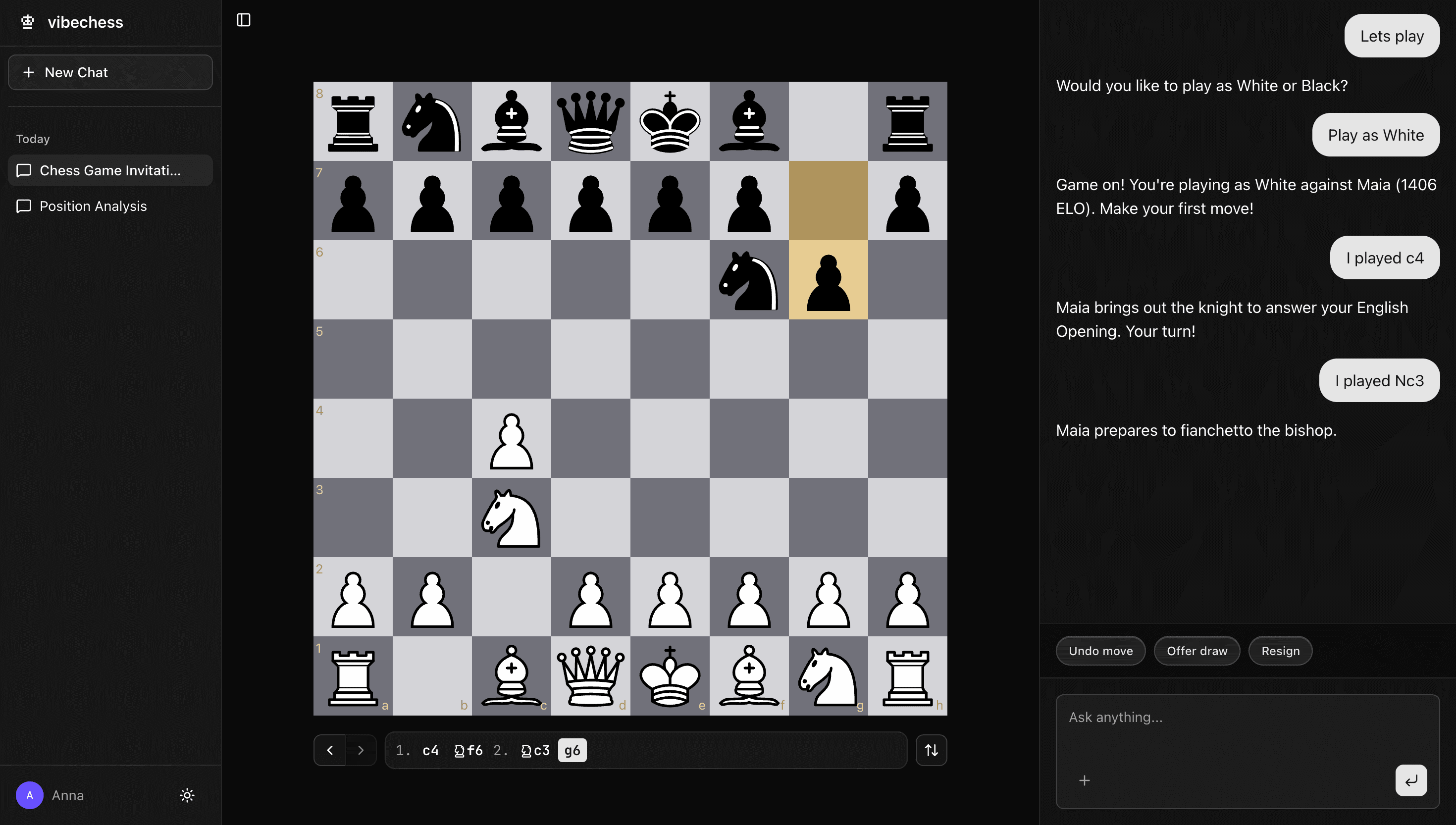 VibeChess practice mode against an AI opponent matched to your level